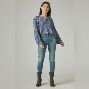 Lucky Brand Longsleeve Floral V-Neck Blouse Shirt Paisley Pullover XL Blue